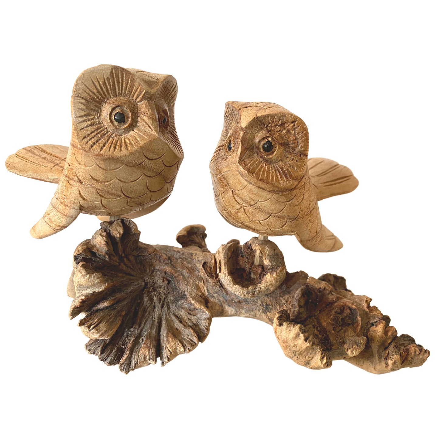 Roosting Owl Pair Bird Sculpture Hand Carved Parasite Mushroom Wood Statue Bali art