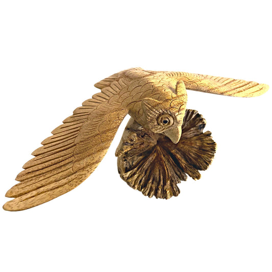 flying Owl Bird of Prey Sculpture Hand Carved Parasite Mushroom Wood Statue Bali art