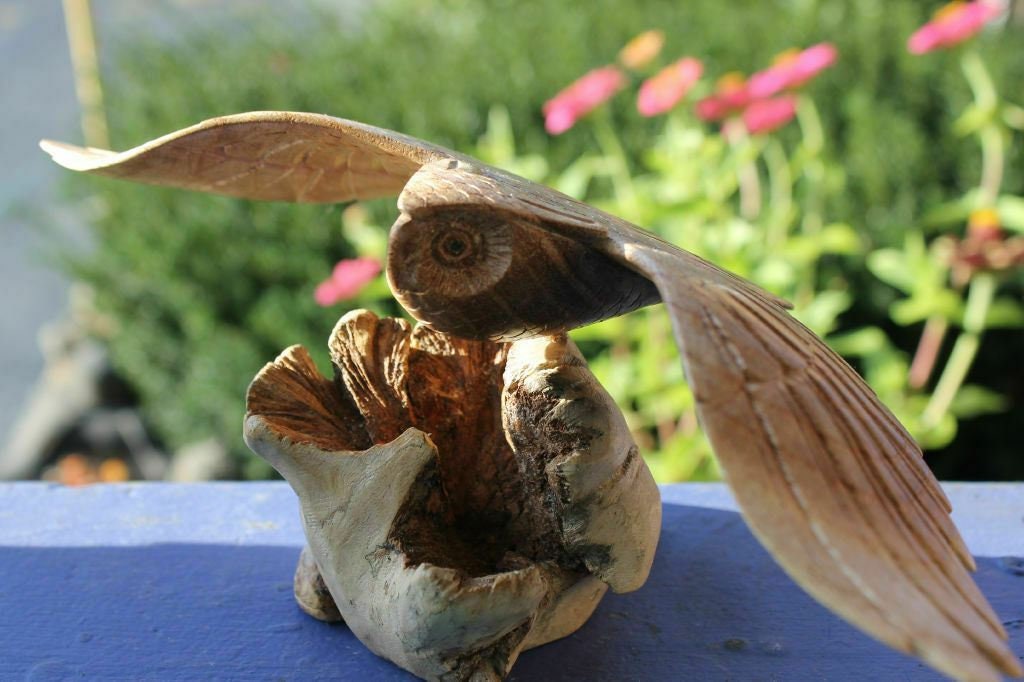 flying Owl Bird of Prey Sculpture Hand Carved Parasite Mushroom Wood Statue Bali art