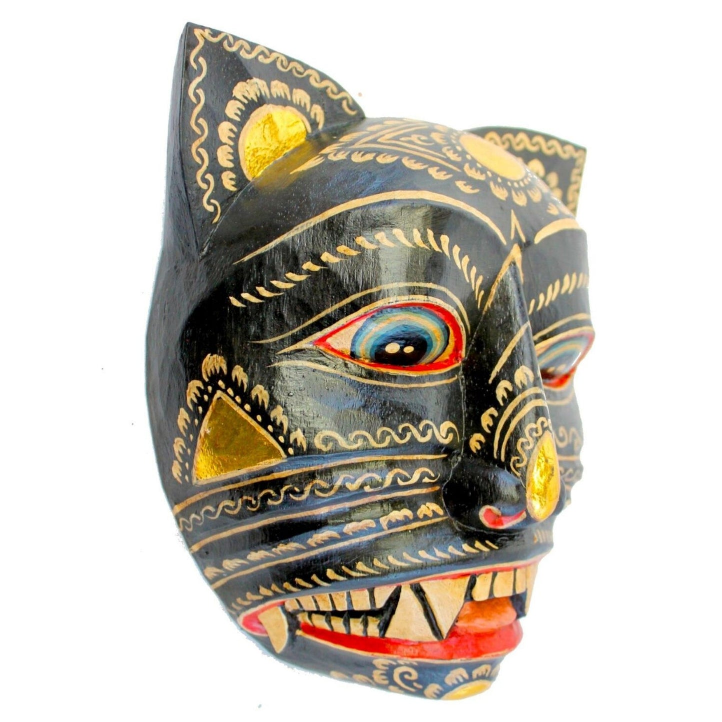 Balinese Black Demon Cat Wood Mask: Hand Carved Folk Art Wall Decor