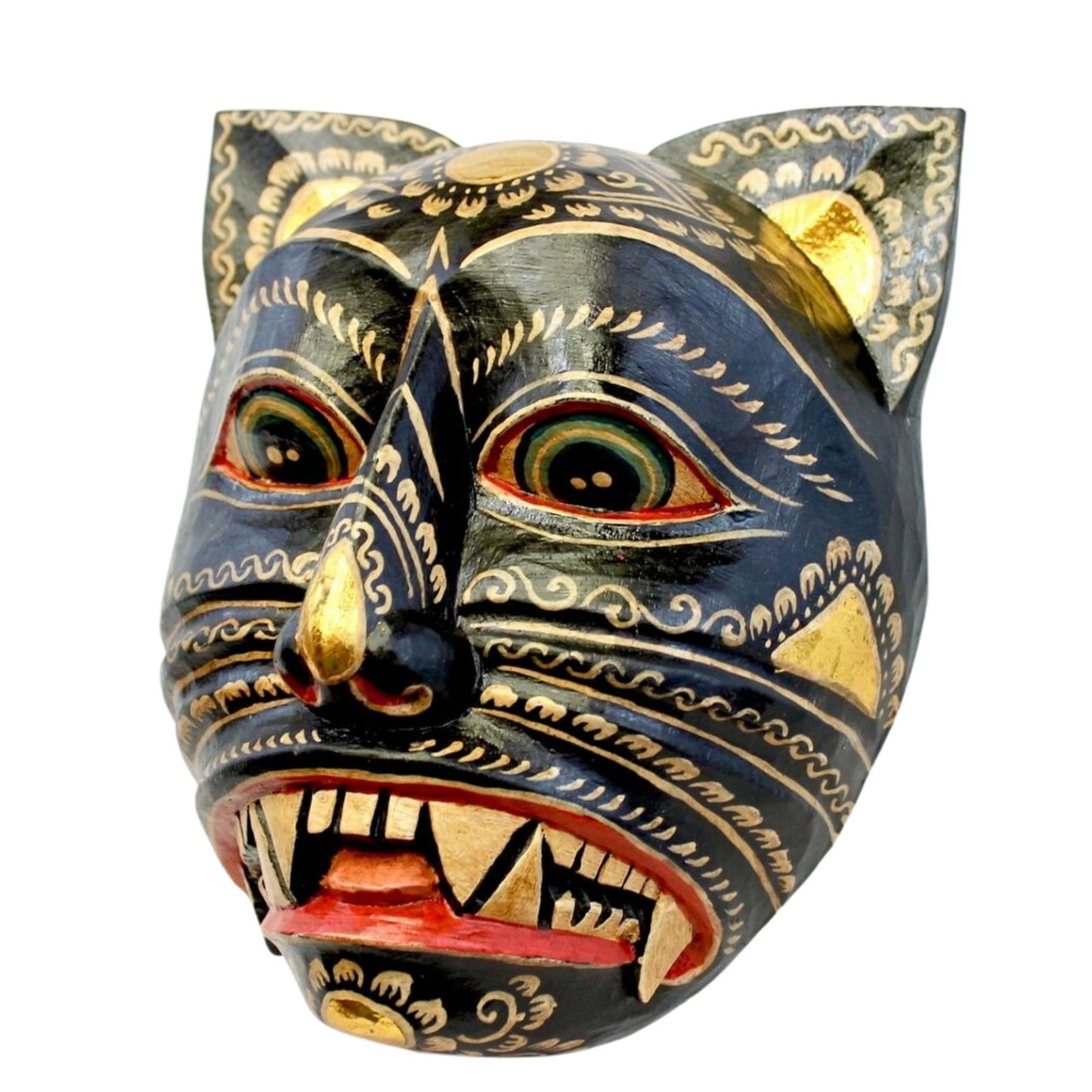 Balinese Black Demon Cat Wood Mask: Hand Carved Folk Art Wall Decor