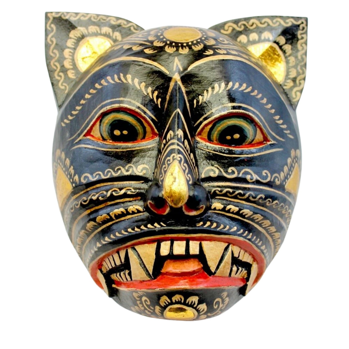 Balinese Black Demon Cat Wood Mask: Hand Carved Folk Art Wall Decor