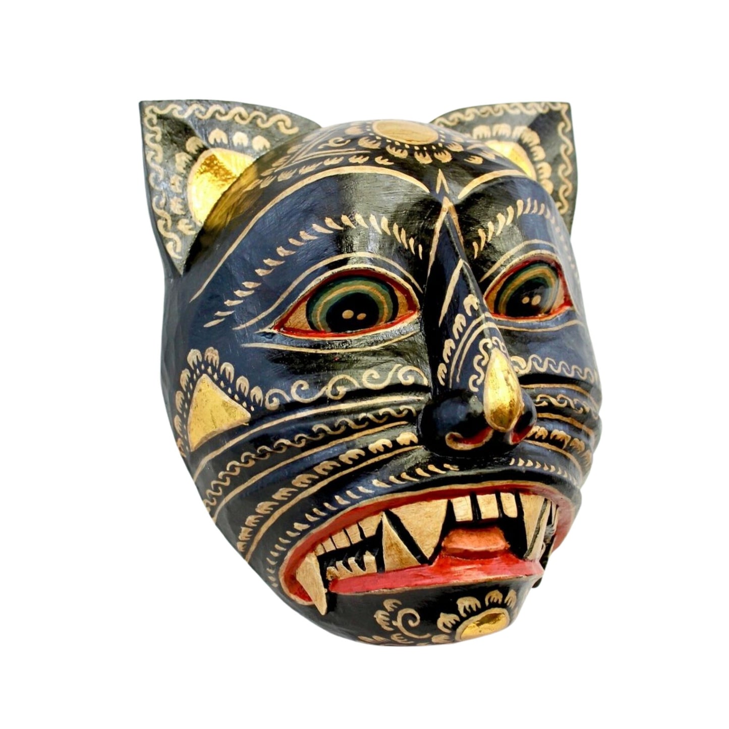 Balinese Black Demon Cat Wood Mask: Hand Carved Folk Art Wall Decor