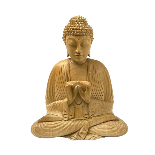 Meditating Buddha Statue Wishing Jewel Mudra hand Carved wood Sculpture Bali Art wood carving 8.75