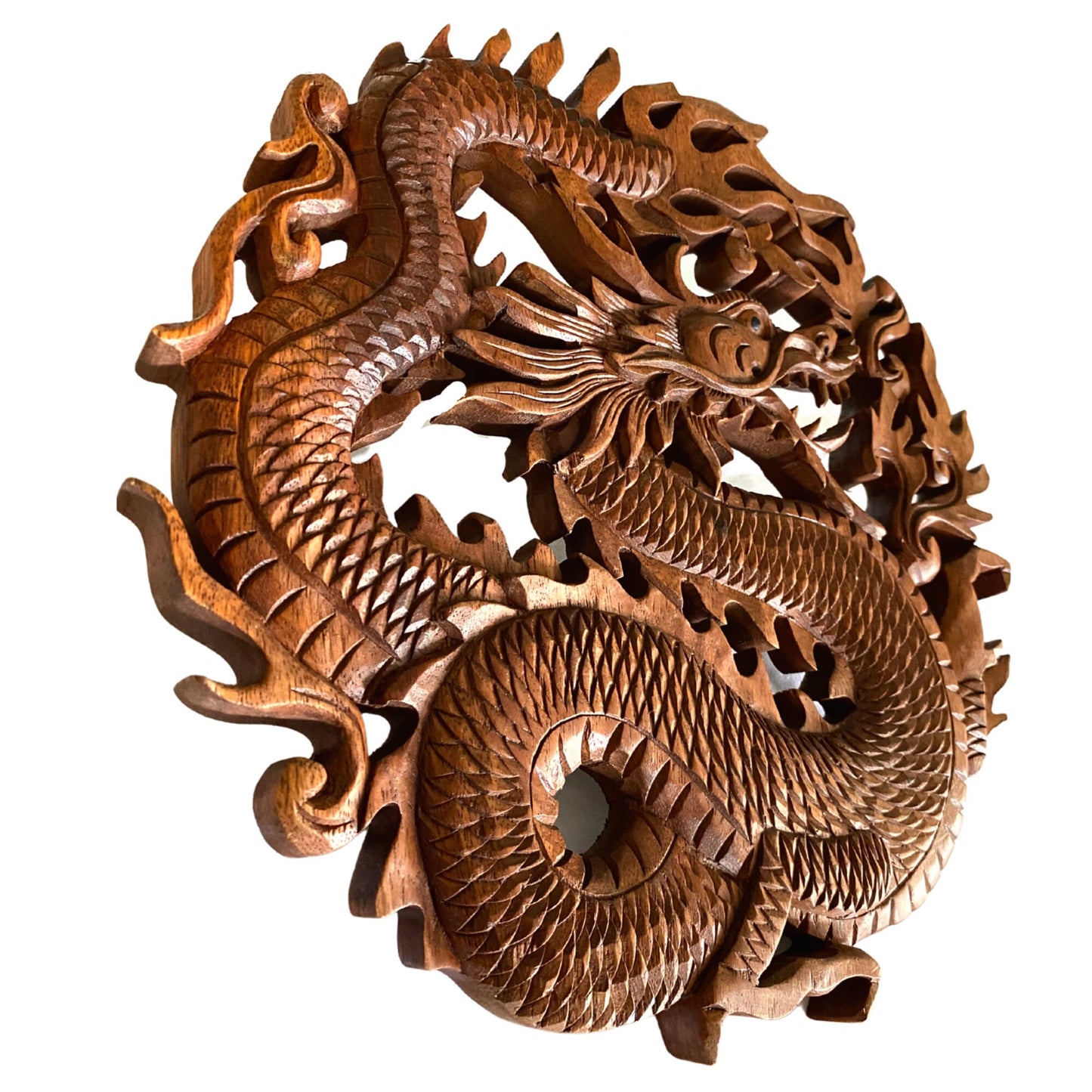 Dragon Naga Bali Wall Art Relief Round Panel Hand Carved Wood Carving Asian Decor 12&quot;