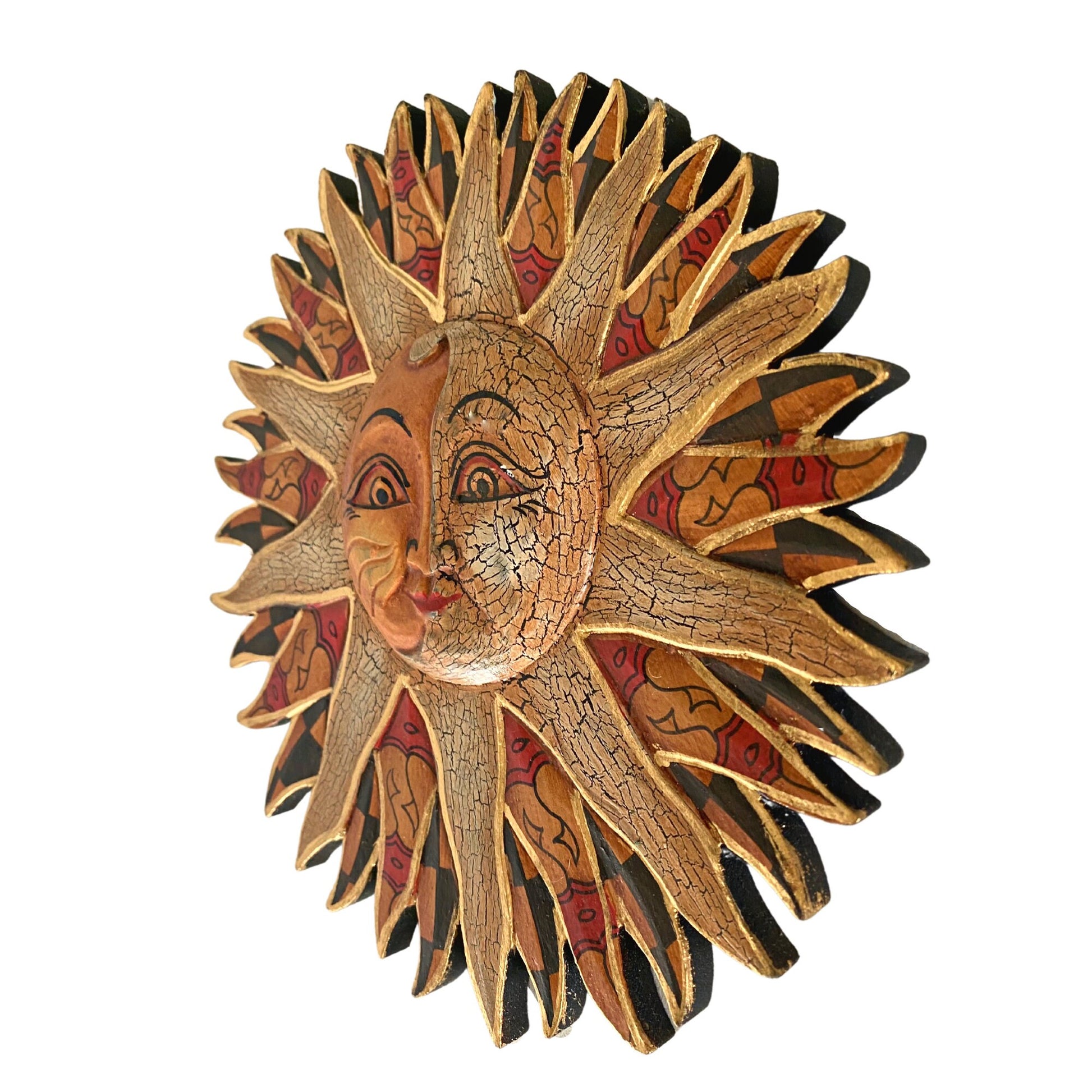 Batik Sunburst Sun Wall Art Plaque Half MOON Celestial Carved hand painted Bali folkart - Acadia World Traders