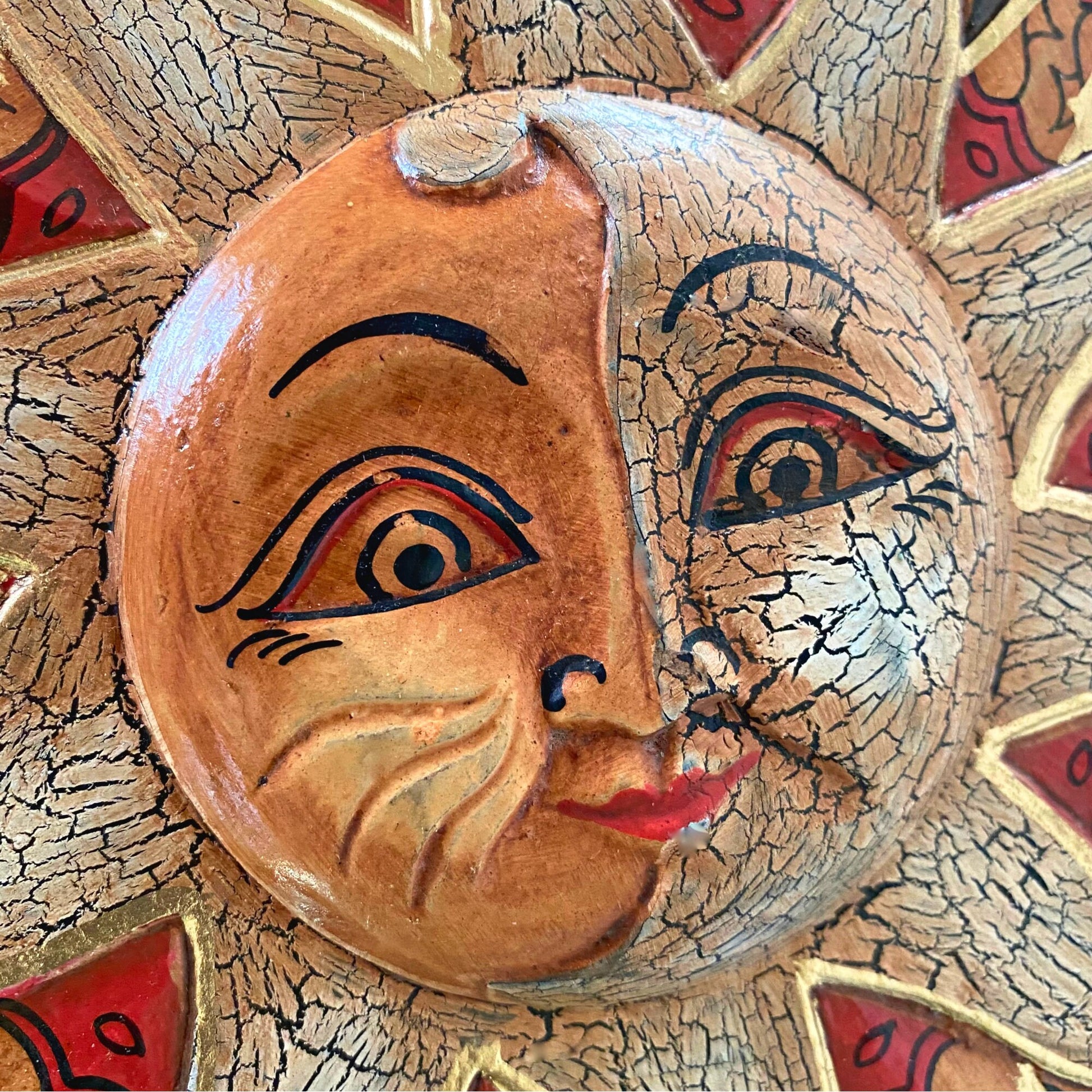 Batik Sunburst Sun Wall Art Plaque Half MOON Celestial Carved hand painted Bali folkart - Acadia World Traders
