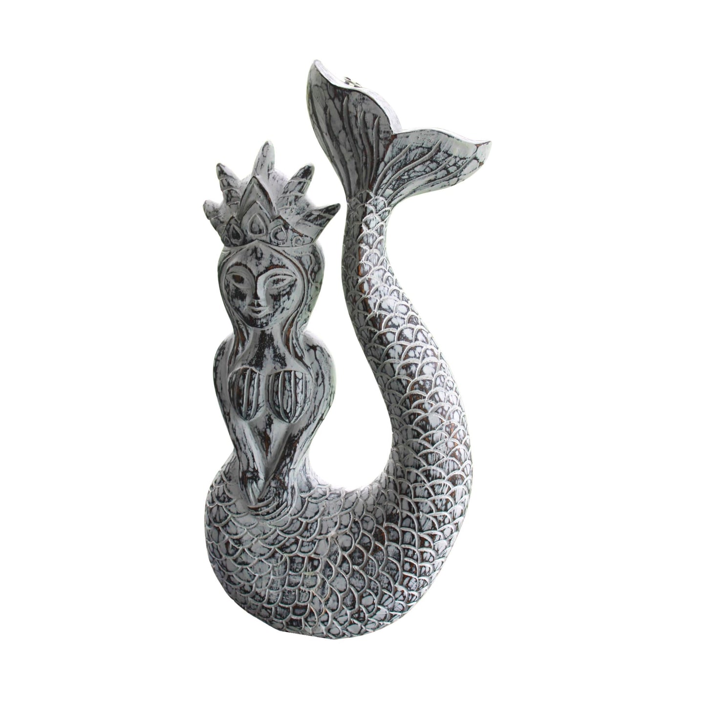 Hand Carved Whitewash Mermaid Princess Wall Art: Bali Folk Art Decor