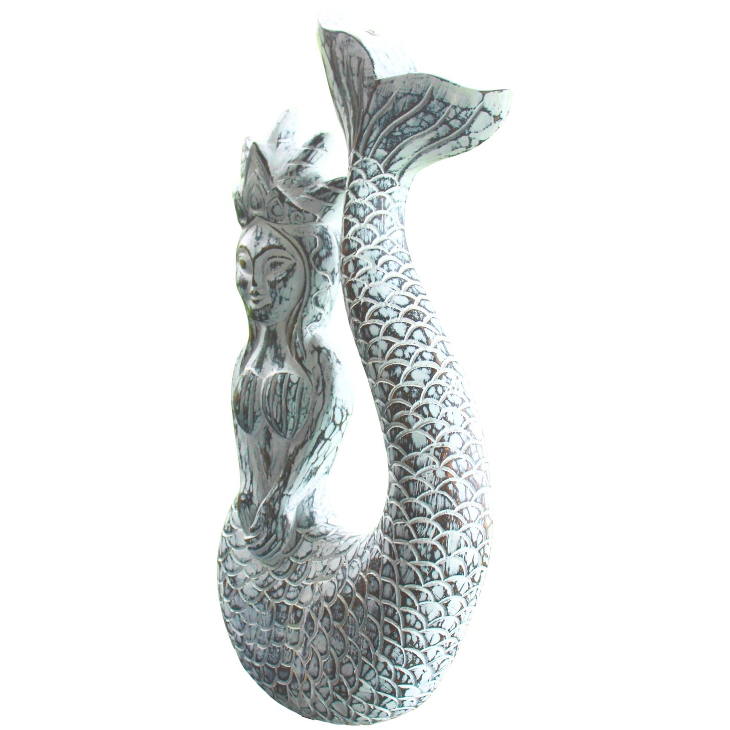 Hand Carved Whitewash Mermaid Princess Wall Art: Bali Folk Art Decor