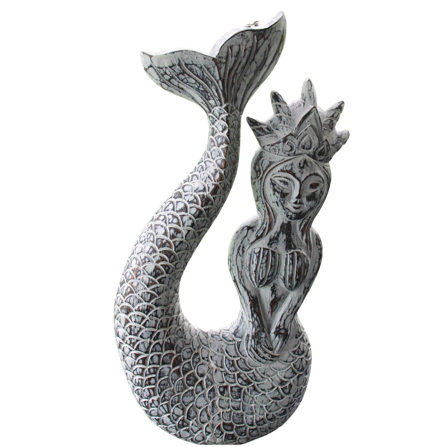 Hand Carved Whitewash Mermaid Princess Wall Art: Bali Folk Art Decor