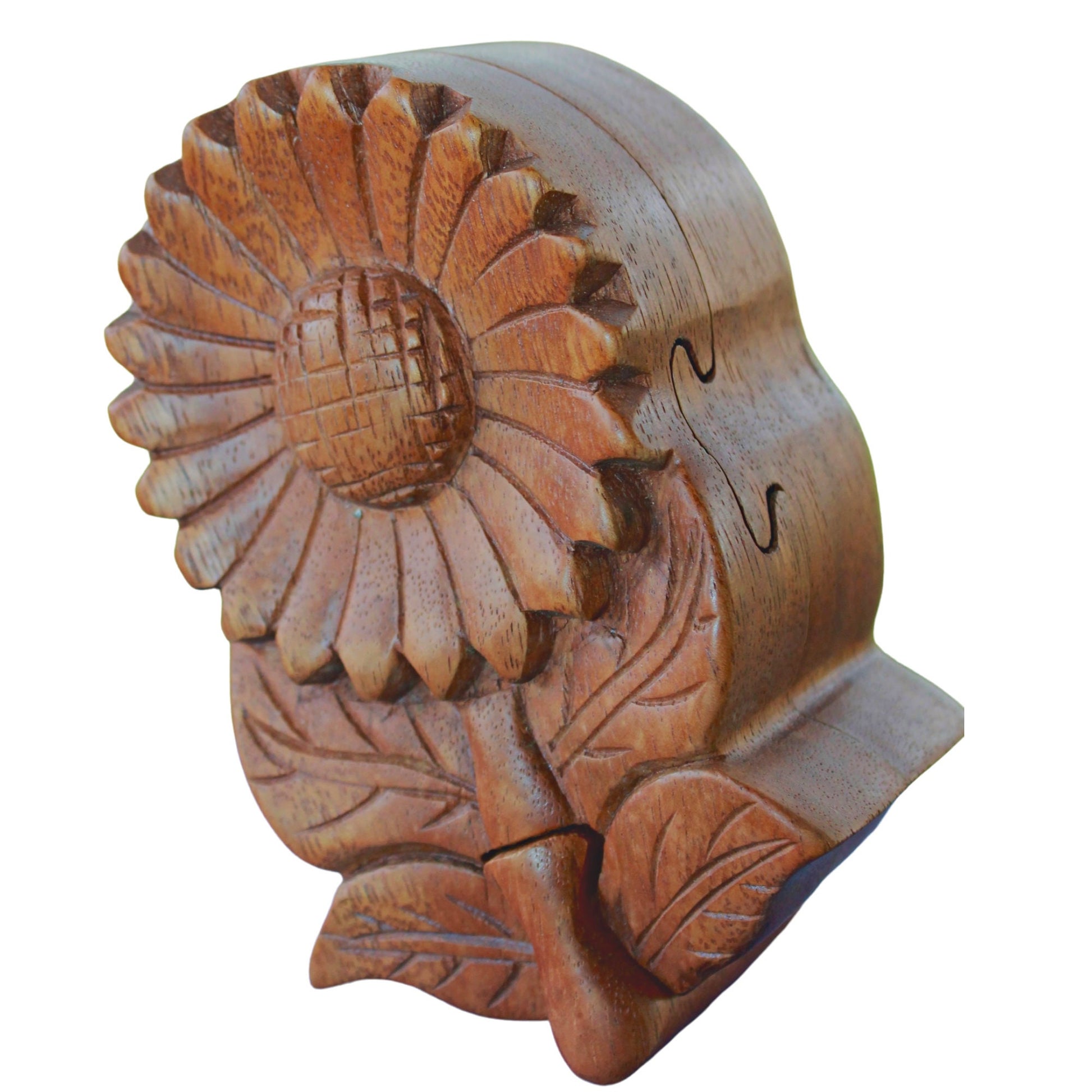 Sunflower Daisy Flower Secret Puzzle Box Jewelry gift box Trinket Stash Box Hand Carved Wood Marguerite Bali art Handmade - Acadia World Traders