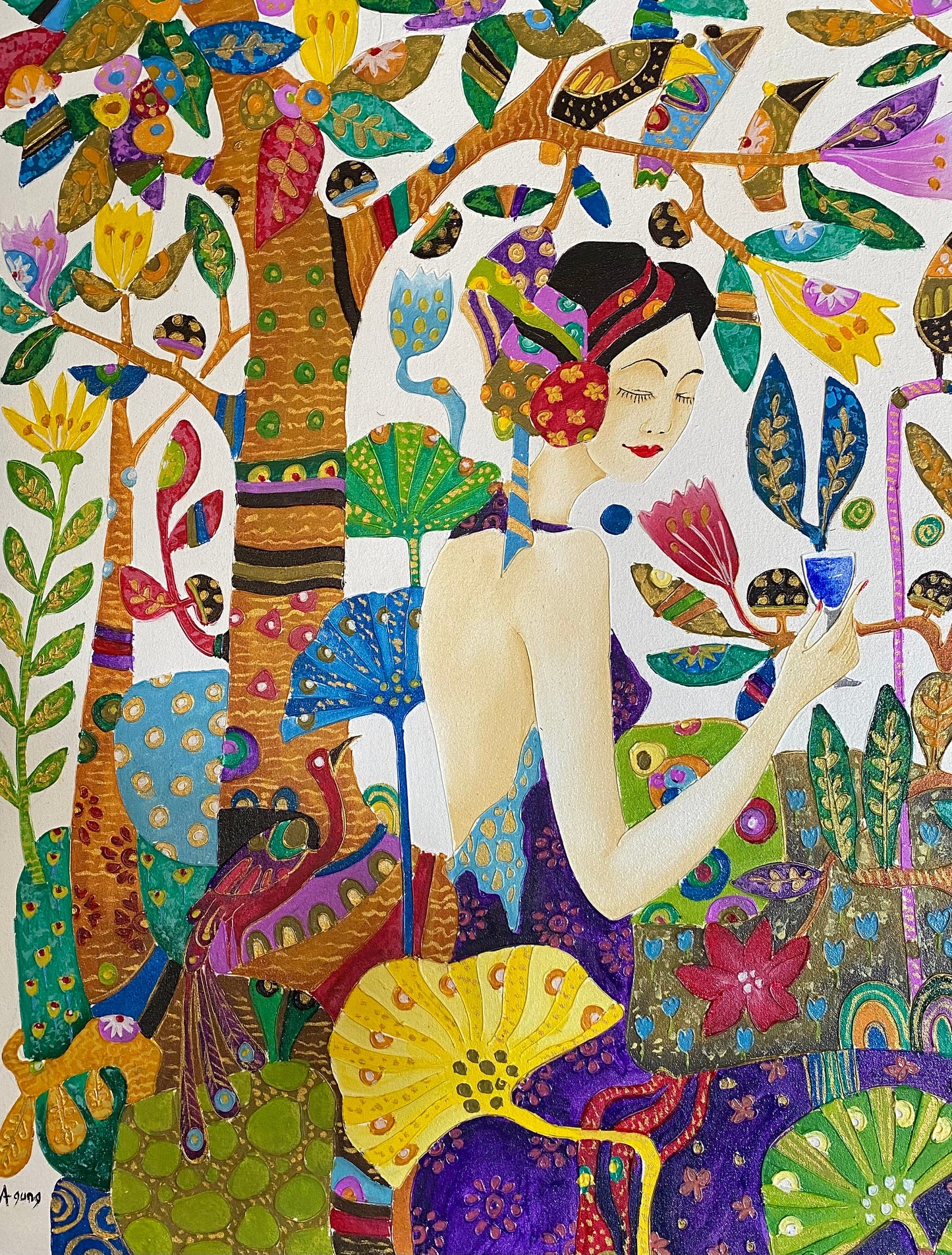 Balinese Sisters in the Garden Jungalow Style Wall Art Acrylic on Canvas Painting Klimt Inspired Handmade hand painted OOAK