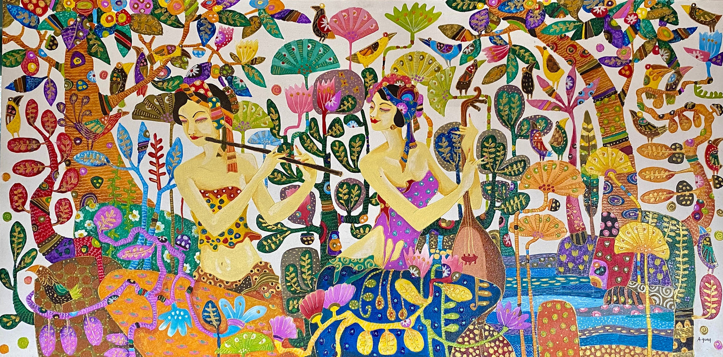 Balinese Original Art Work Painting, Musician Sisters in Lotus Garden,  Acrylic Canvas,  Wall Art