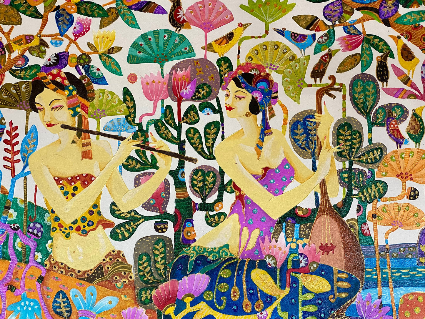 Balinese Original Art Work Painting, Musician Sisters in Lotus Garden,  Acrylic Canvas,  Wall Art
