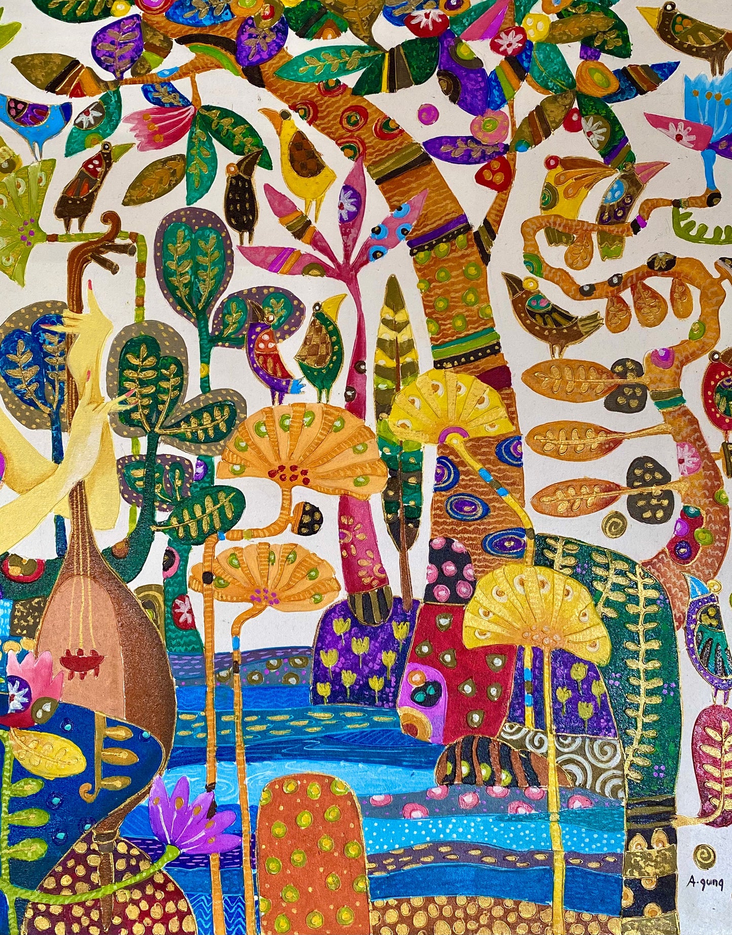 Balinese Original Art Work Painting, Musician Sisters in Lotus Garden,  Acrylic Canvas,  Wall Art