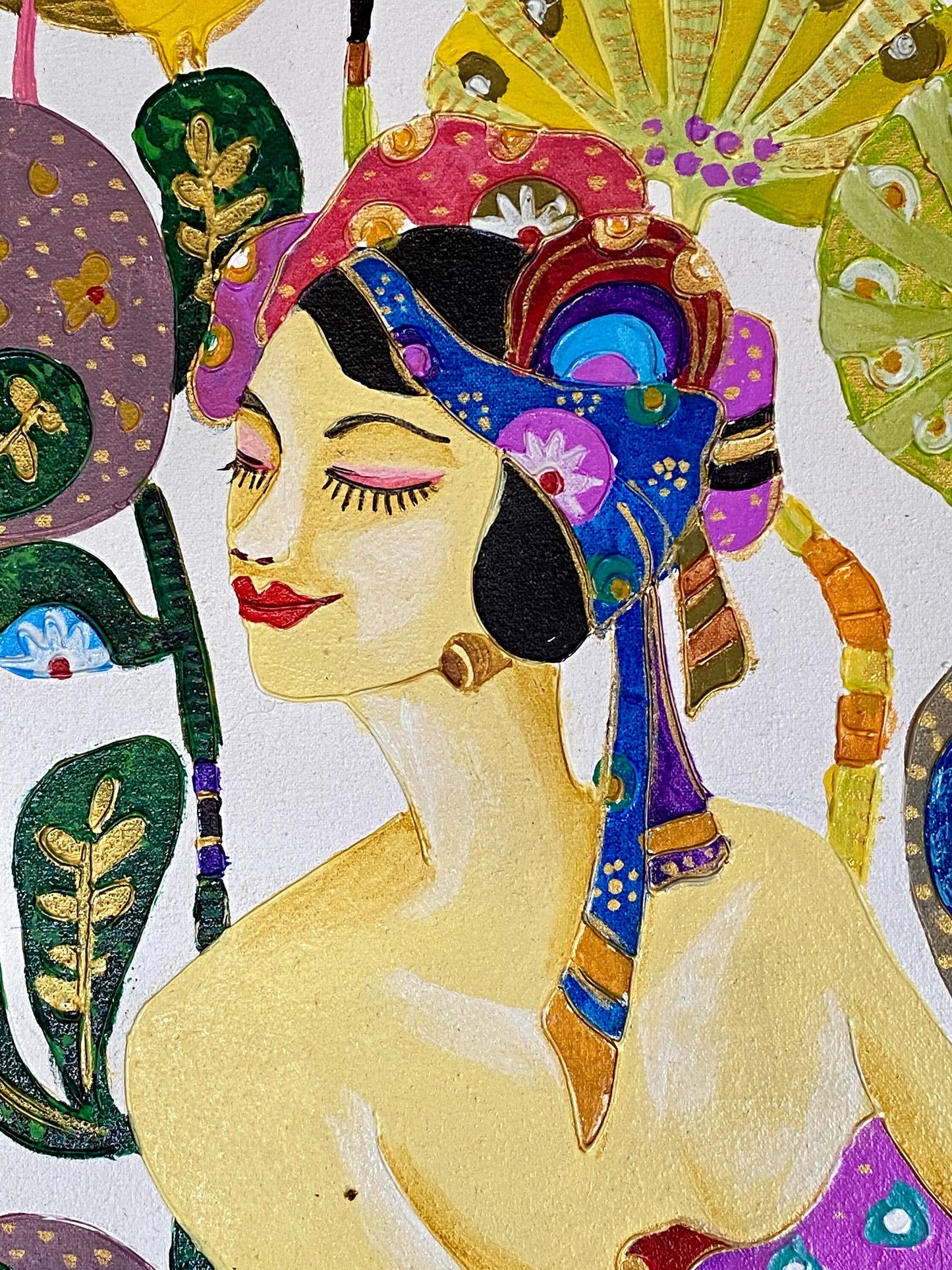 Balinese Original Art Work Painting, Musician Sisters in Lotus Garden,  Acrylic Canvas,  Wall Art