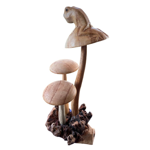 Hand Carved Frog Statue Mushroom wooden Toad Toadstool Figurine Parasite Wood Handmade Wood Carving Bali Art Sculpture Shroom gift for dad