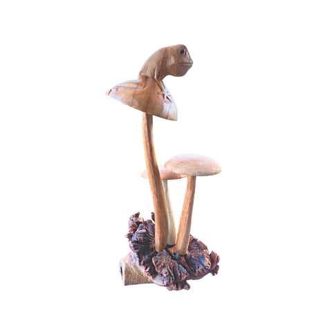 Hand Carved Frog Statue Mushroom wooden Toad Toadstool Figurine Parasite Wood Handmade Wood Carving Bali Art Sculpture Shroom gift for dad