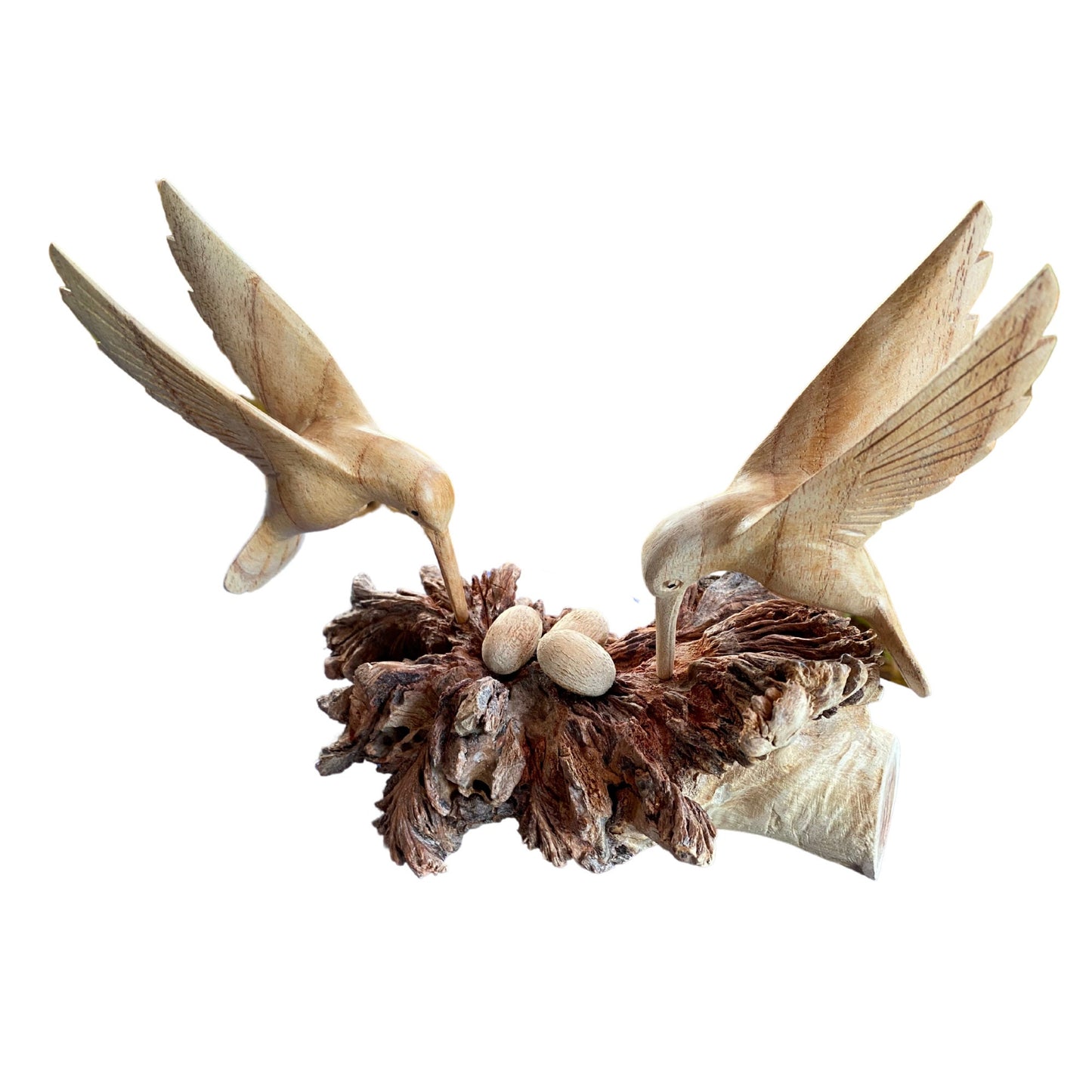 Hand Carved Hummingbird with Nest Statue: Balinese Parasite Mushroom Wood Sculpture