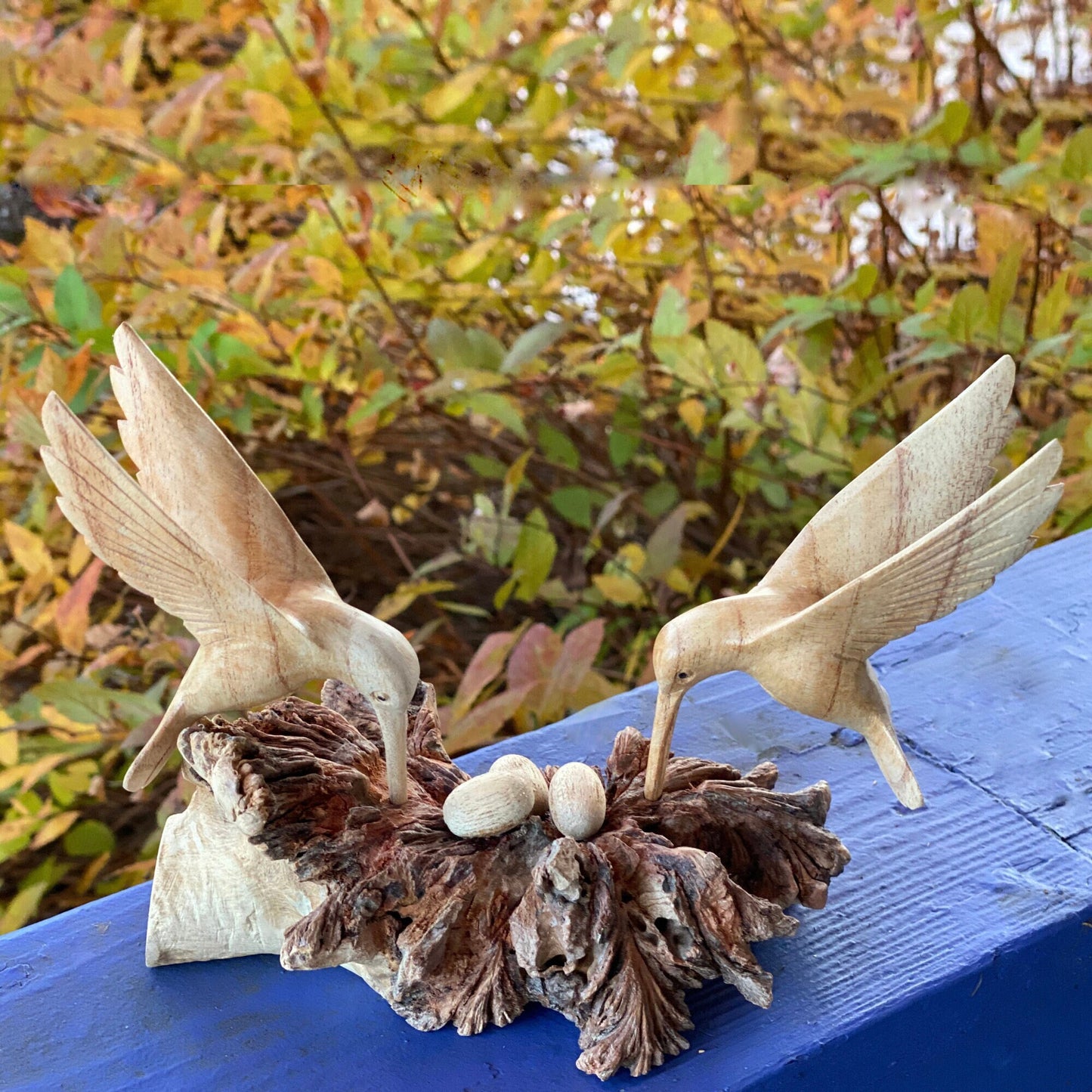 Hand Carved Hummingbird with Nest Statue: Balinese Parasite Mushroom Wood Sculpture