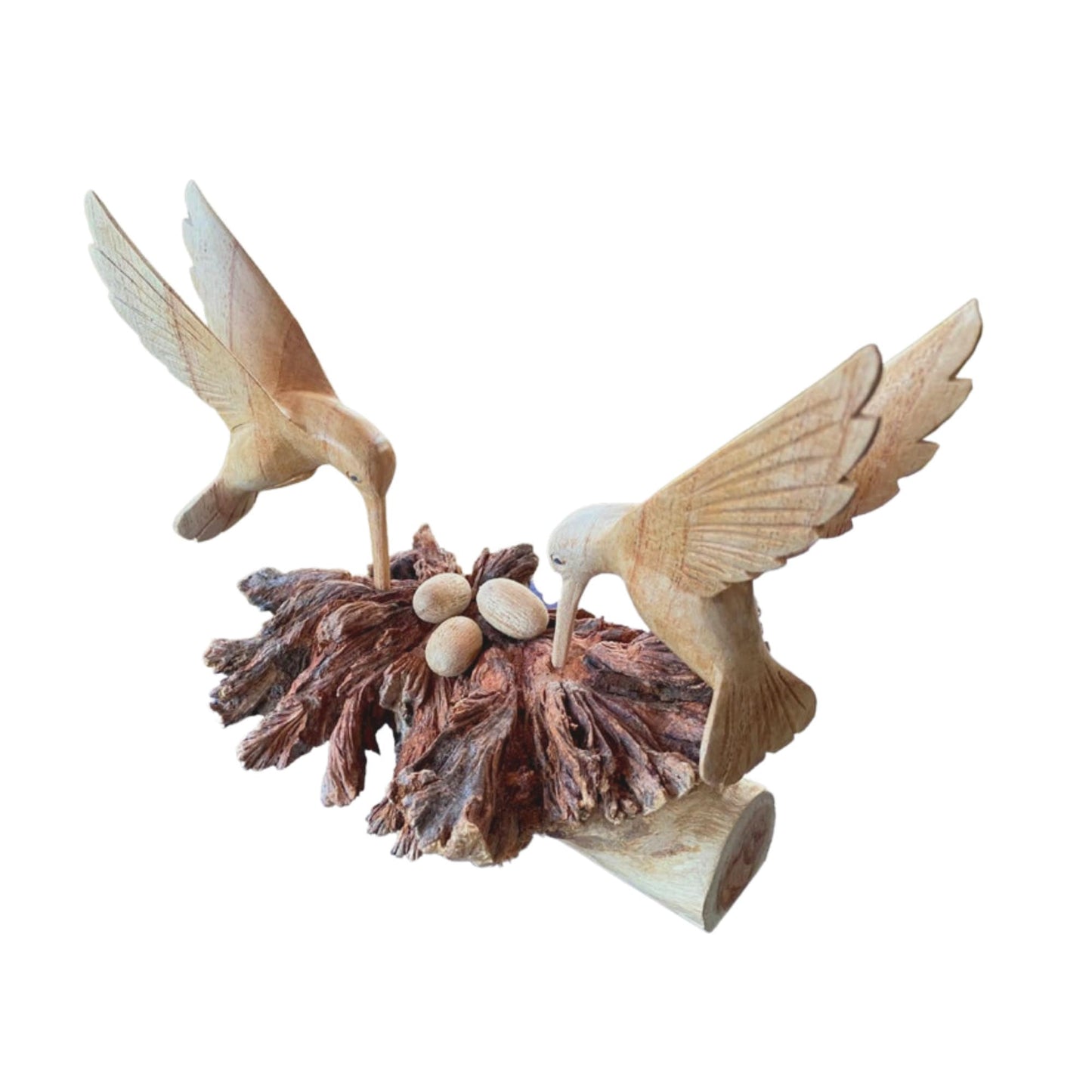 Hand Carved Hummingbird with Nest Statue: Balinese Parasite Mushroom Wood Sculpture