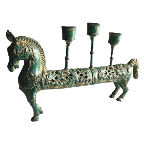 Tribal Horse Bronze candelabra candle holder Lost wax cast Bronze Green Verdigris metal Vintage Indonesian Folk Art