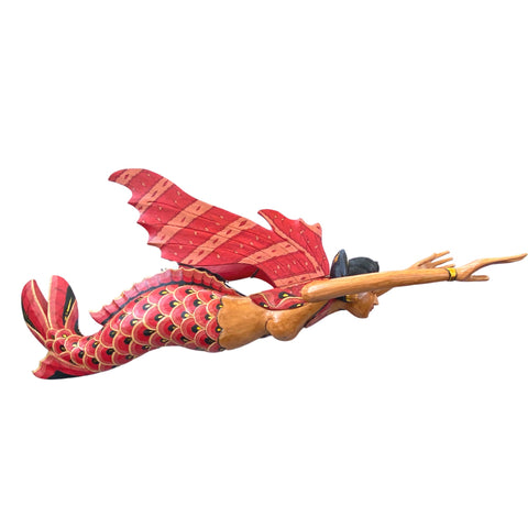 Bali Winged Flying Mermaid Mobile Spiritchaser cradle guardian Carved wood Balinese wood carving art Red 37&quot;