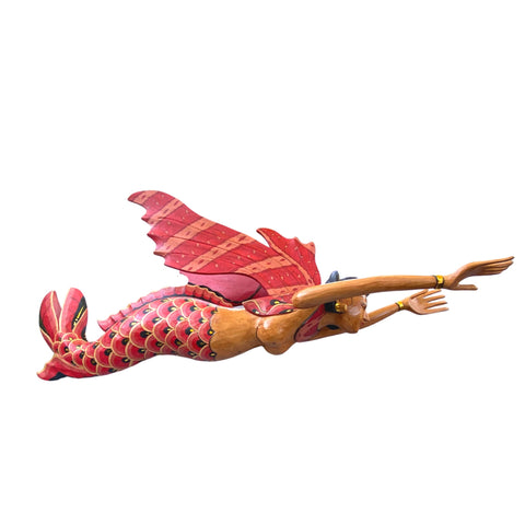 Bali Winged Flying Mermaid Mobile Spiritchaser cradle guardian Carved wood Balinese wood carving art Red 37&quot;