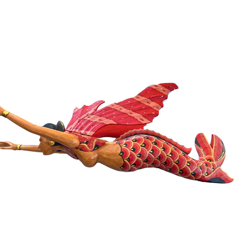 Bali Winged Flying Mermaid Mobile Spiritchaser cradle guardian Carved wood Balinese wood carving art Red 37&quot;