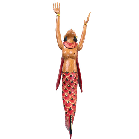 Bali Winged Flying Mermaid Mobile Spiritchaser cradle guardian Carved wood Balinese wood carving art Red 37&quot;