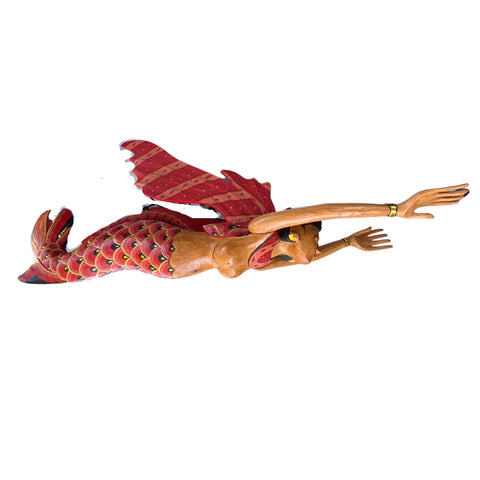 Bali Winged Flying Mermaid Mobile Spiritchaser cradle guardian Carved wood Balinese wood carving art Red 37&quot;