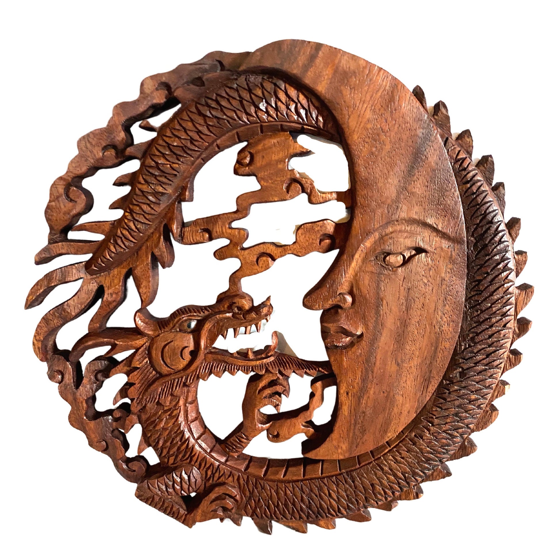 Naga Dragon & Crescent Moon Wall  Sculpture Panel Hand Carved Balinese art - Acadia World Traders
