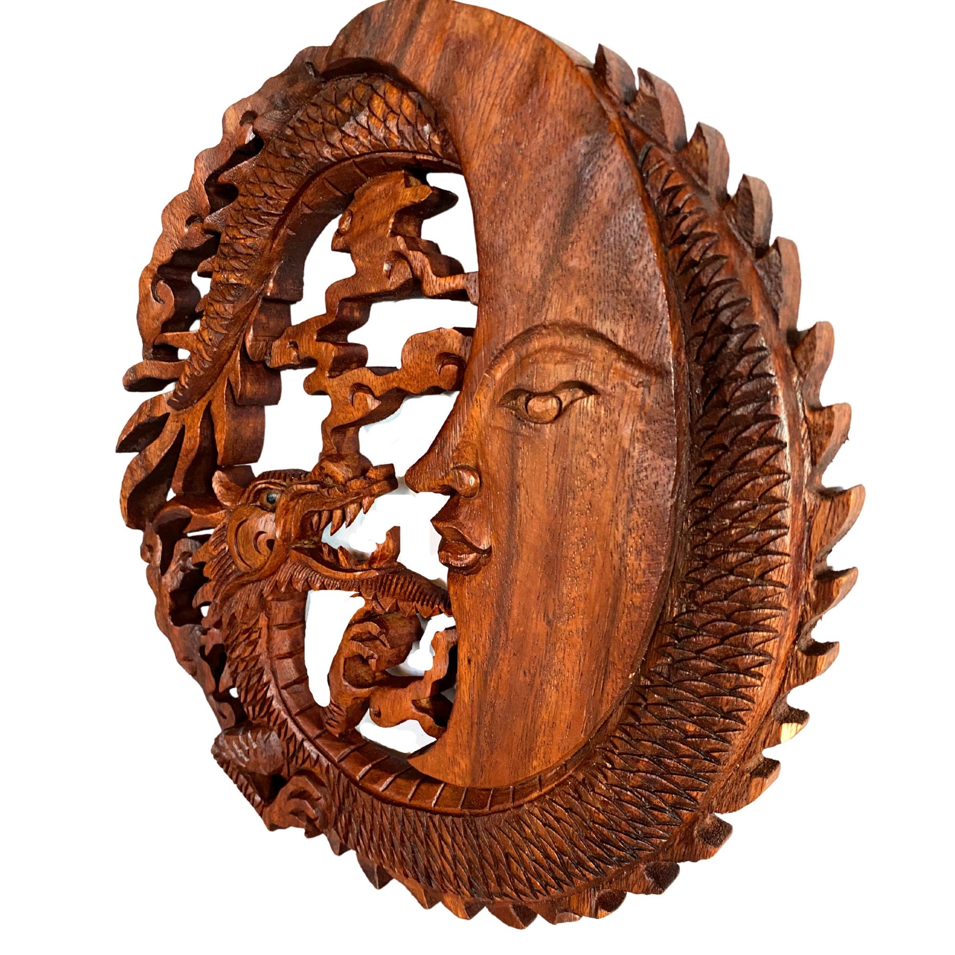Naga Dragon & Crescent Moon Wall  Sculpture Panel Hand Carved Balinese art - Acadia World Traders