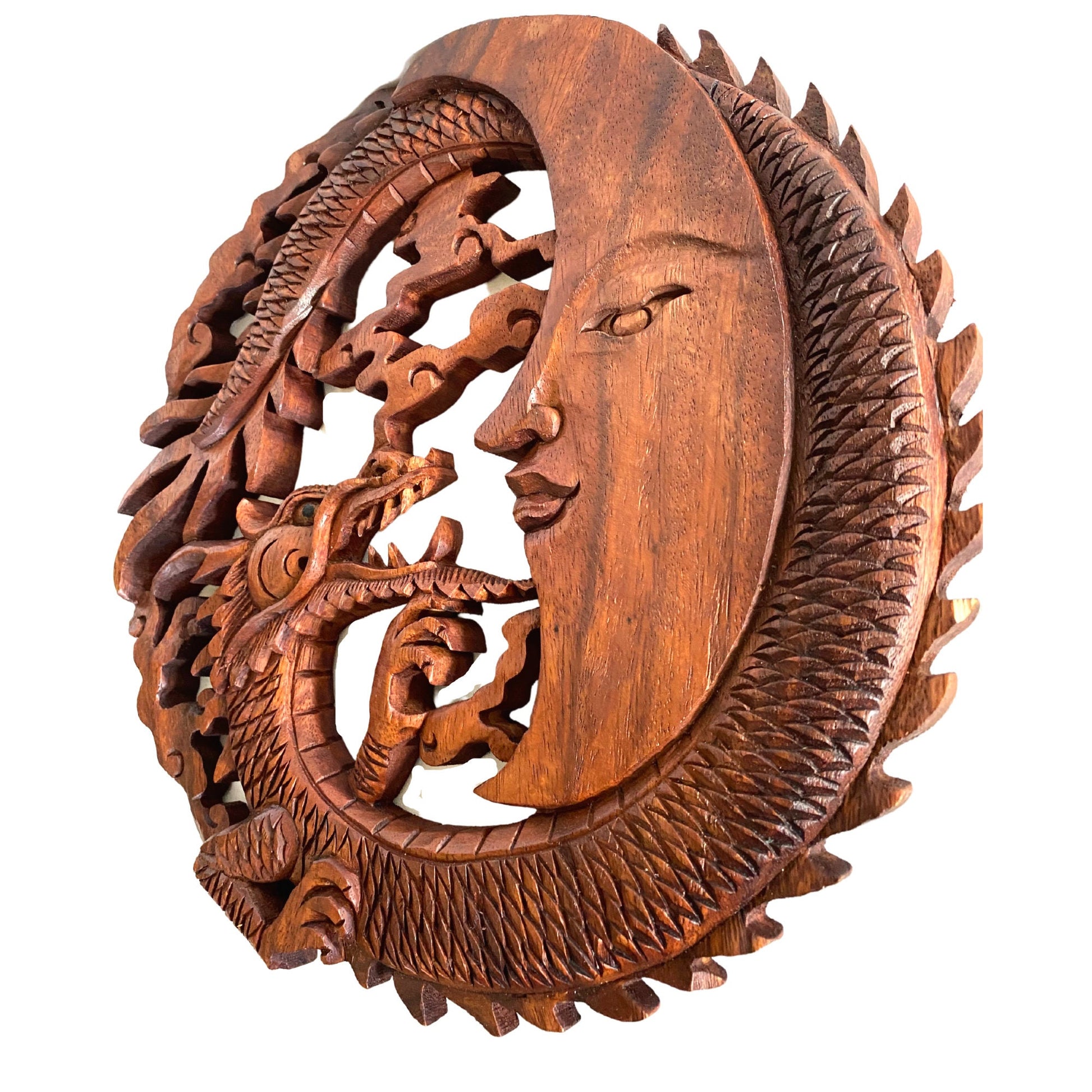 Naga Dragon & Crescent Moon Wall  Sculpture Panel Hand Carved Balinese art - Acadia World Traders