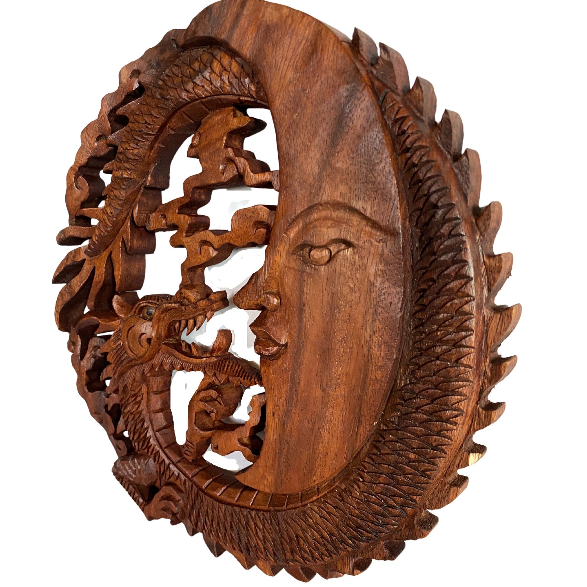 Naga Dragon & Crescent Moon Wall  Sculpture Panel Hand Carved Balinese art - Acadia World Traders