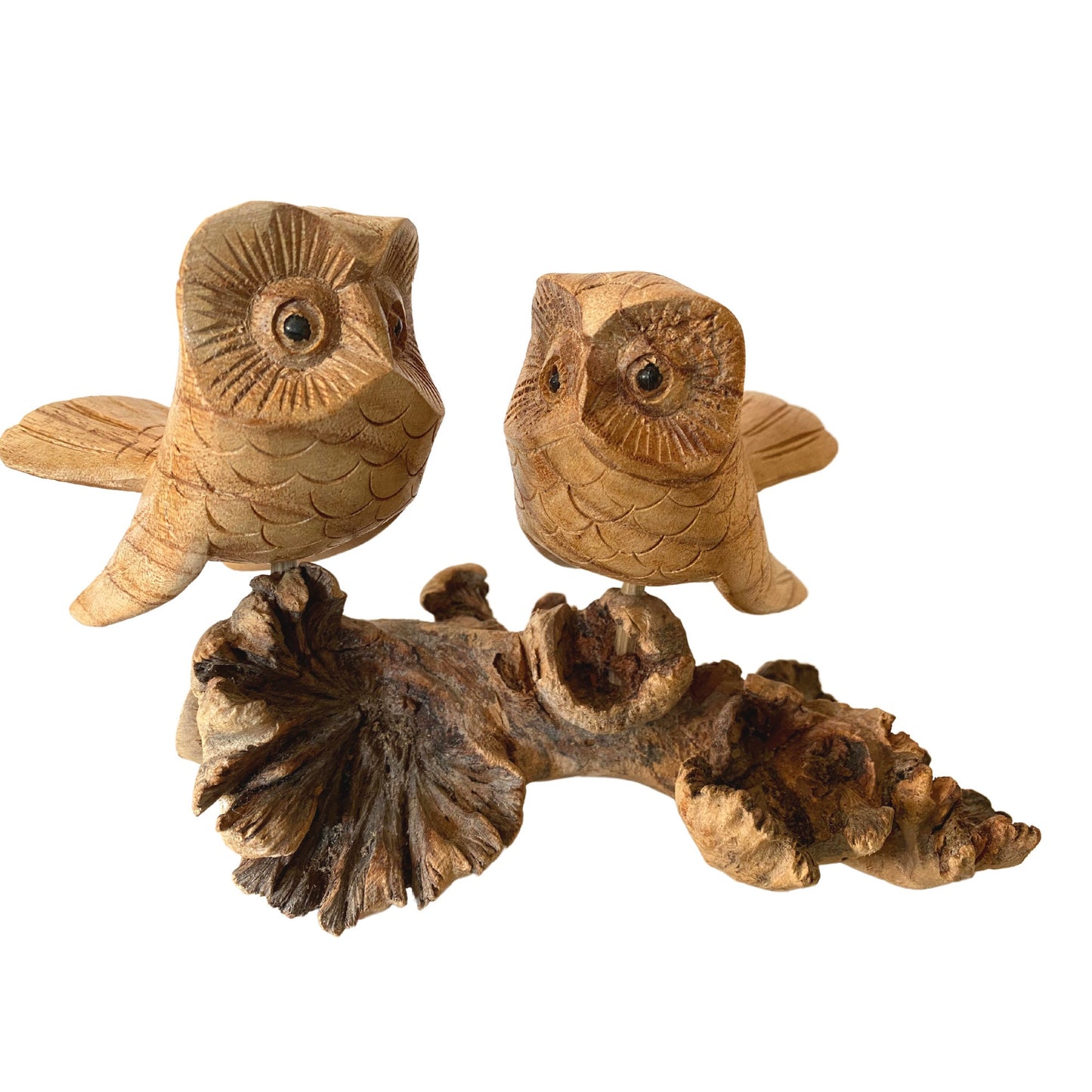 Roosting Owl Pair Bird Sculpture Hand Carved Parasite Mushroom Wood Statue Bali art