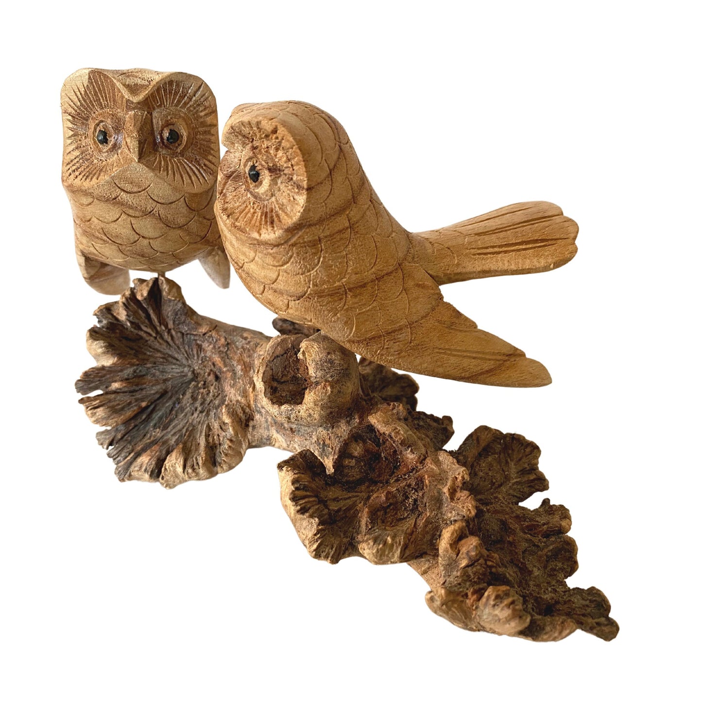 Roosting Owl Pair Bird Sculpture Hand Carved Parasite Mushroom Wood Statue Bali art