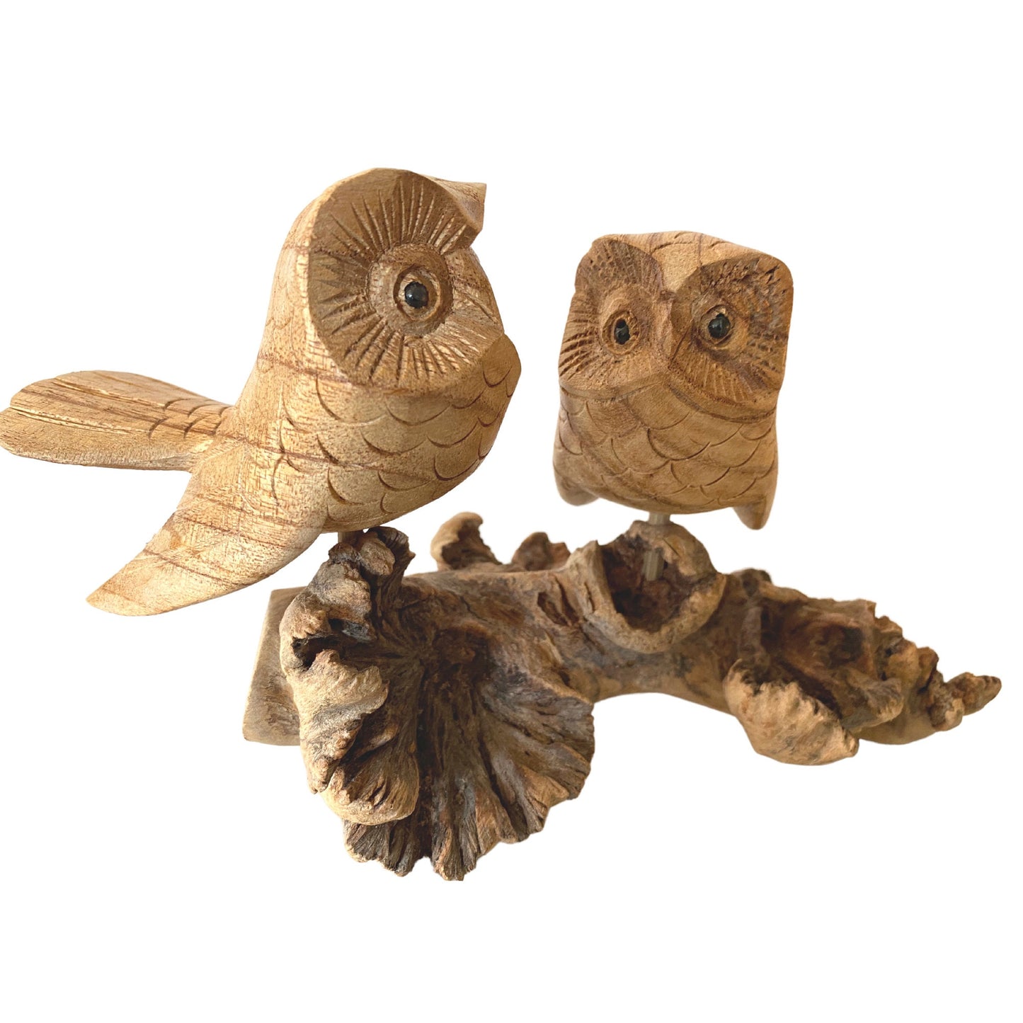 Roosting Owl Pair Bird Sculpture Hand Carved Parasite Mushroom Wood Statue Bali art