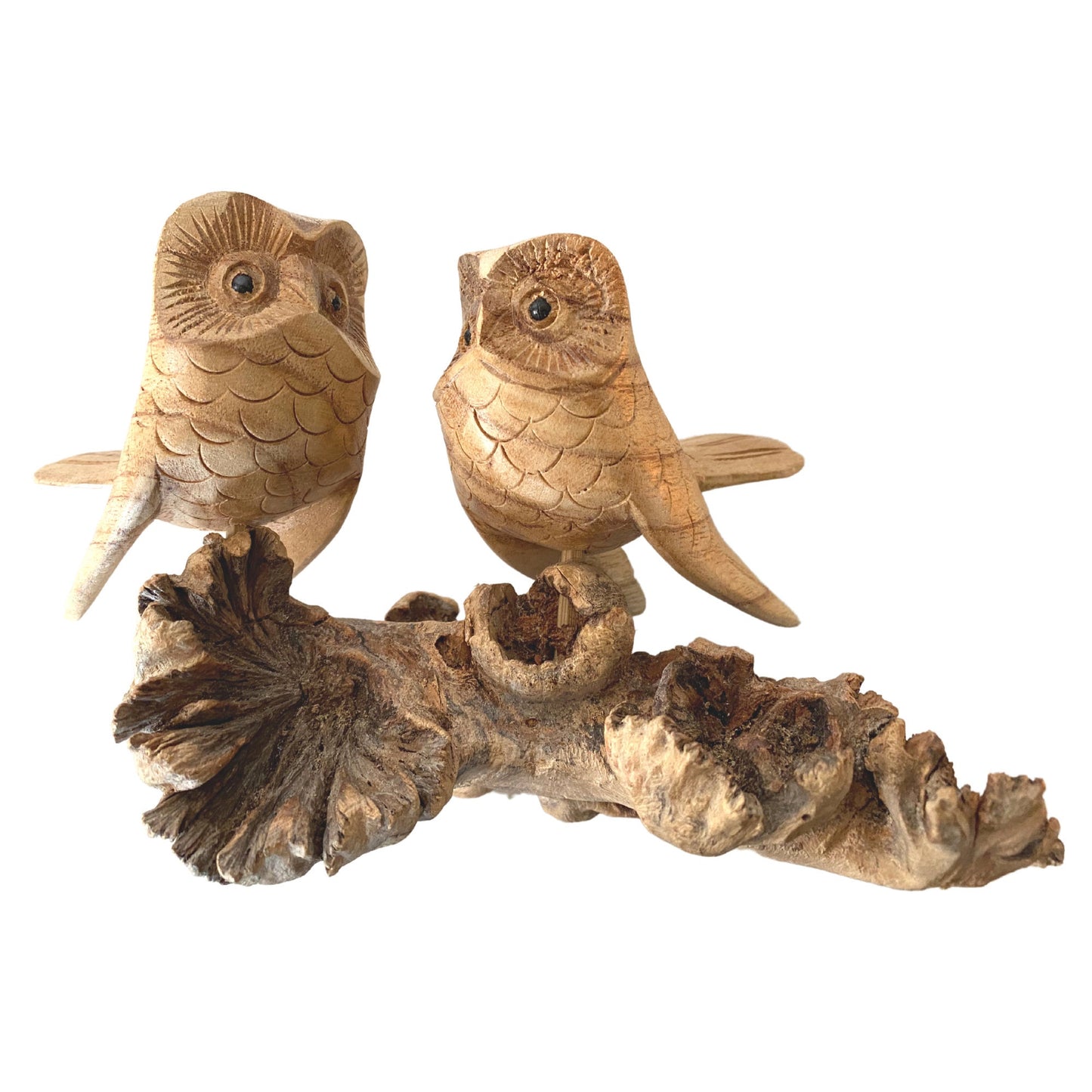 Roosting Owl Pair Bird Sculpture Hand Carved Parasite Mushroom Wood Statue Bali art