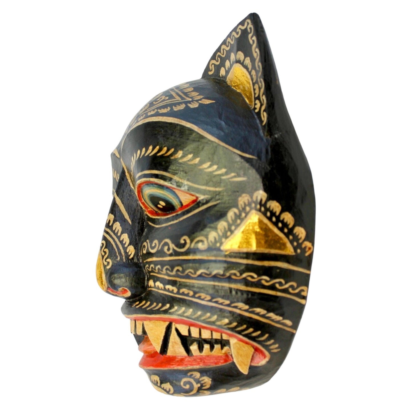 Balinese Black Demon Cat Wood Mask: Hand Carved Folk Art Wall Decor