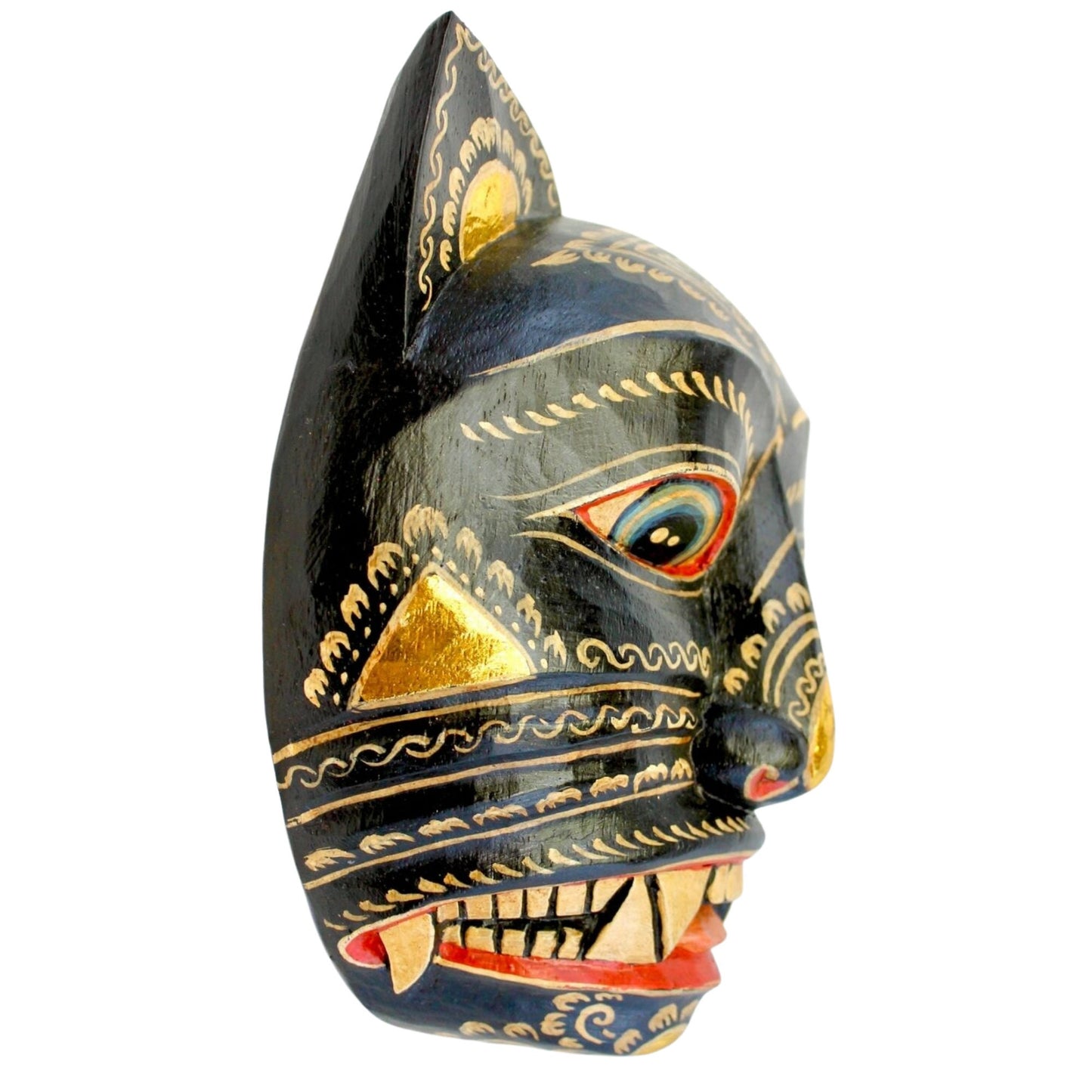 Balinese Black Demon Cat Wood Mask: Hand Carved Folk Art Wall Decor