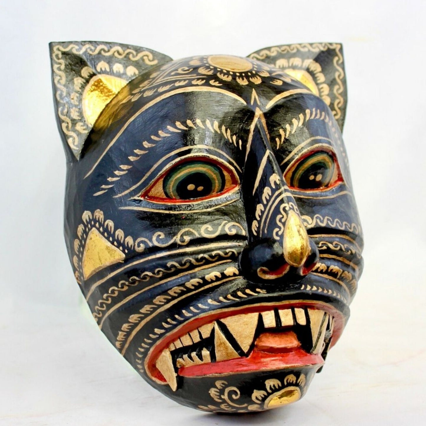 Balinese Black Demon Cat Wood Mask: Hand Carved Folk Art Wall Decor