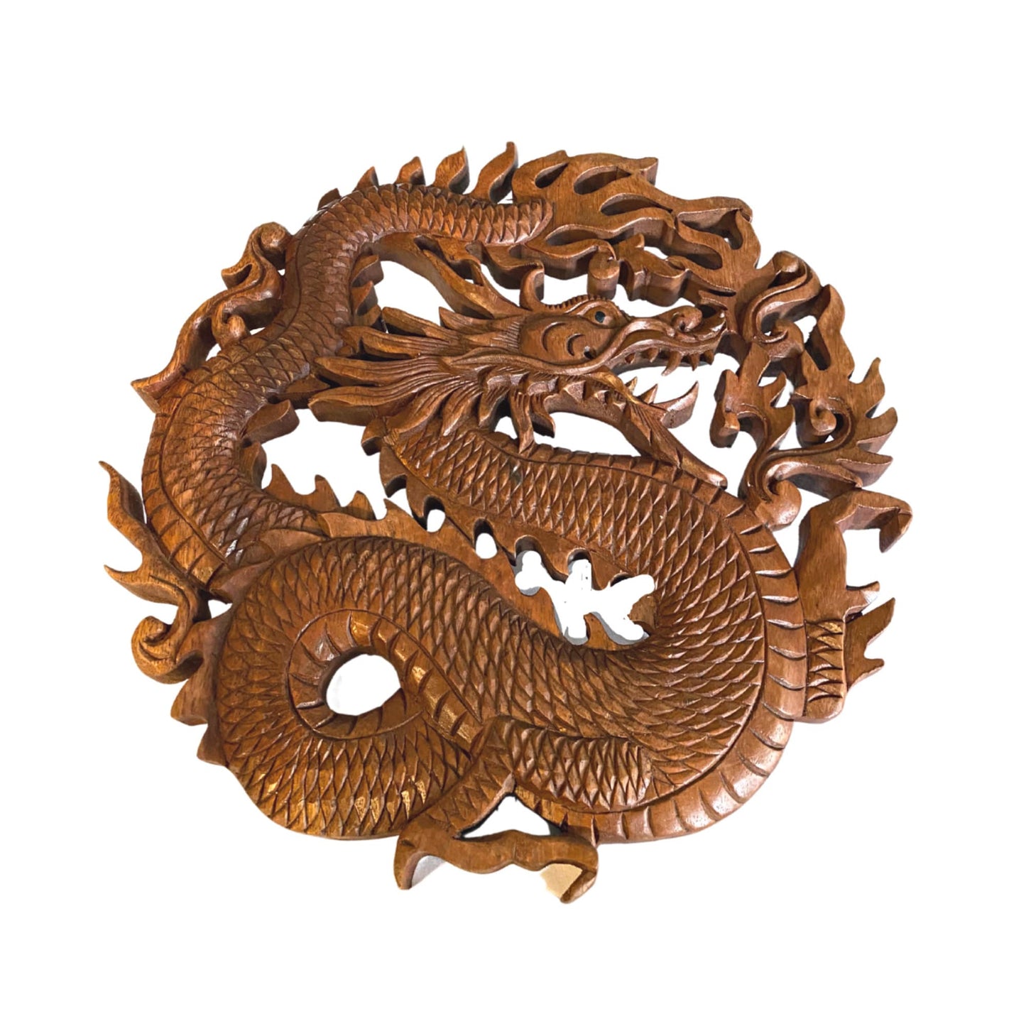 Dragon Naga Bali Wall Art Relief Round Panel Hand Carved Wood Carving Asian Decor 12&quot;
