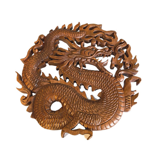 Dragon Naga Bali Wall Art Relief Round Panel Hand Carved Wood Carving Asian Decor 12&quot;