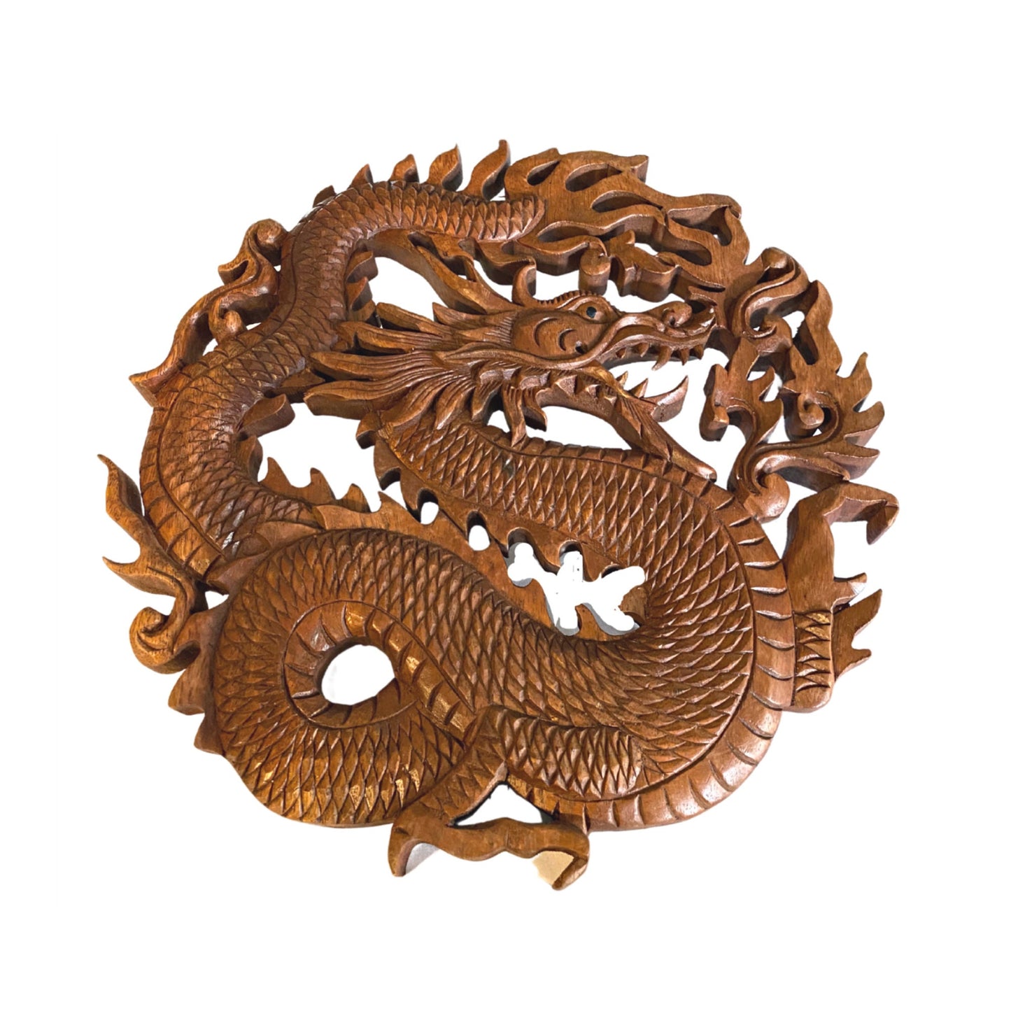 Hand Carved Dragon Wall Art Plaque: Balinese Carved Wood Panel, Asian Decor (12")