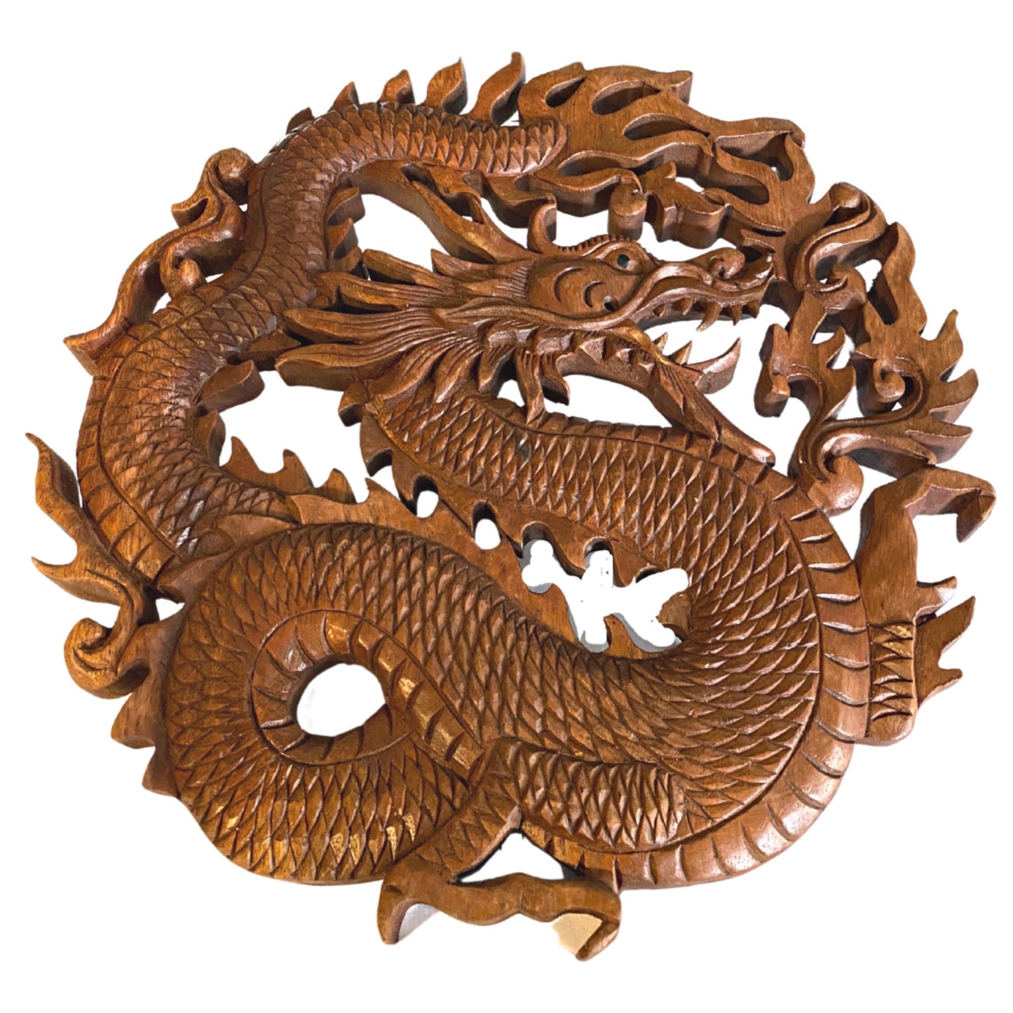 Hand Carved Dragon Wall Art Plaque: Balinese Carved Wood Panel, Asian Decor (12")