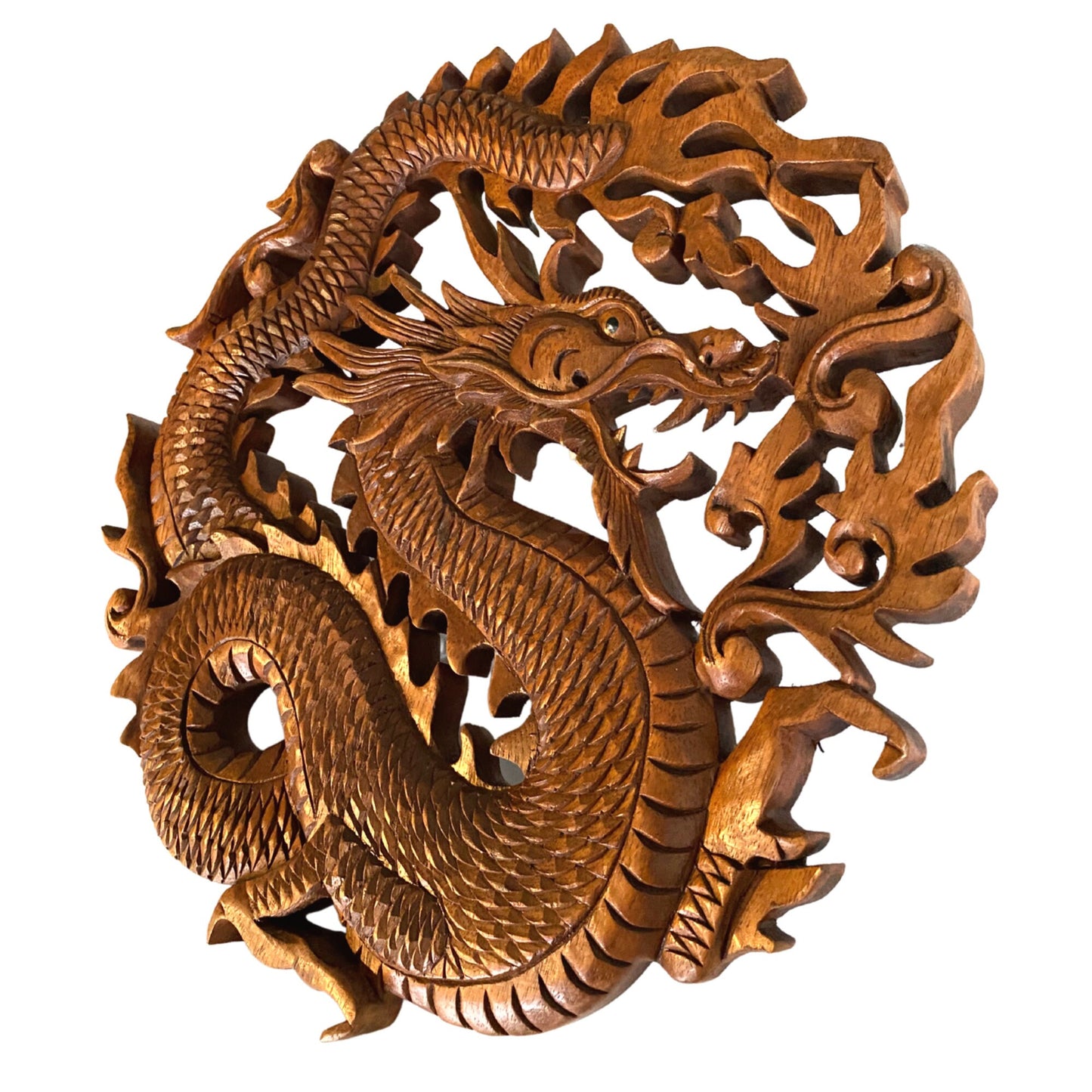 Dragon Naga Bali Wall Art Relief Round Panel Hand Carved Wood Carving Asian Decor 12&quot;
