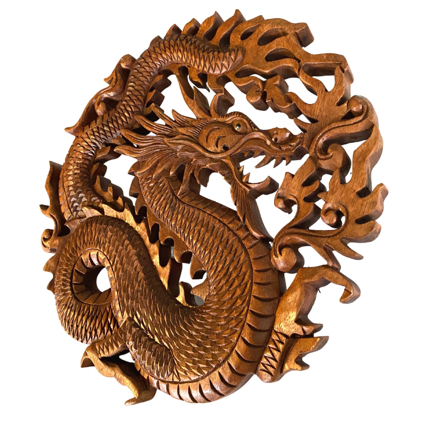 Hand Carved Dragon Wall Art Plaque: Balinese Carved Wood Panel, Asian Decor (12")