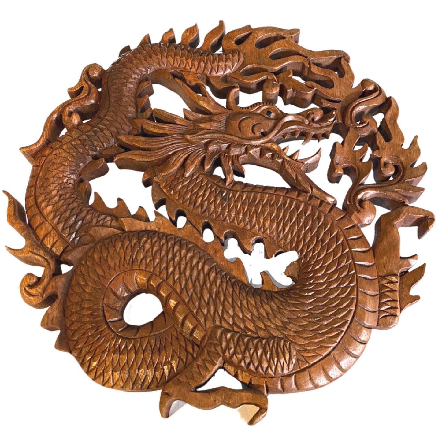 Dragon Naga Bali Wall Art Relief Round Panel Hand Carved Wood Carving Asian Decor 12&quot;