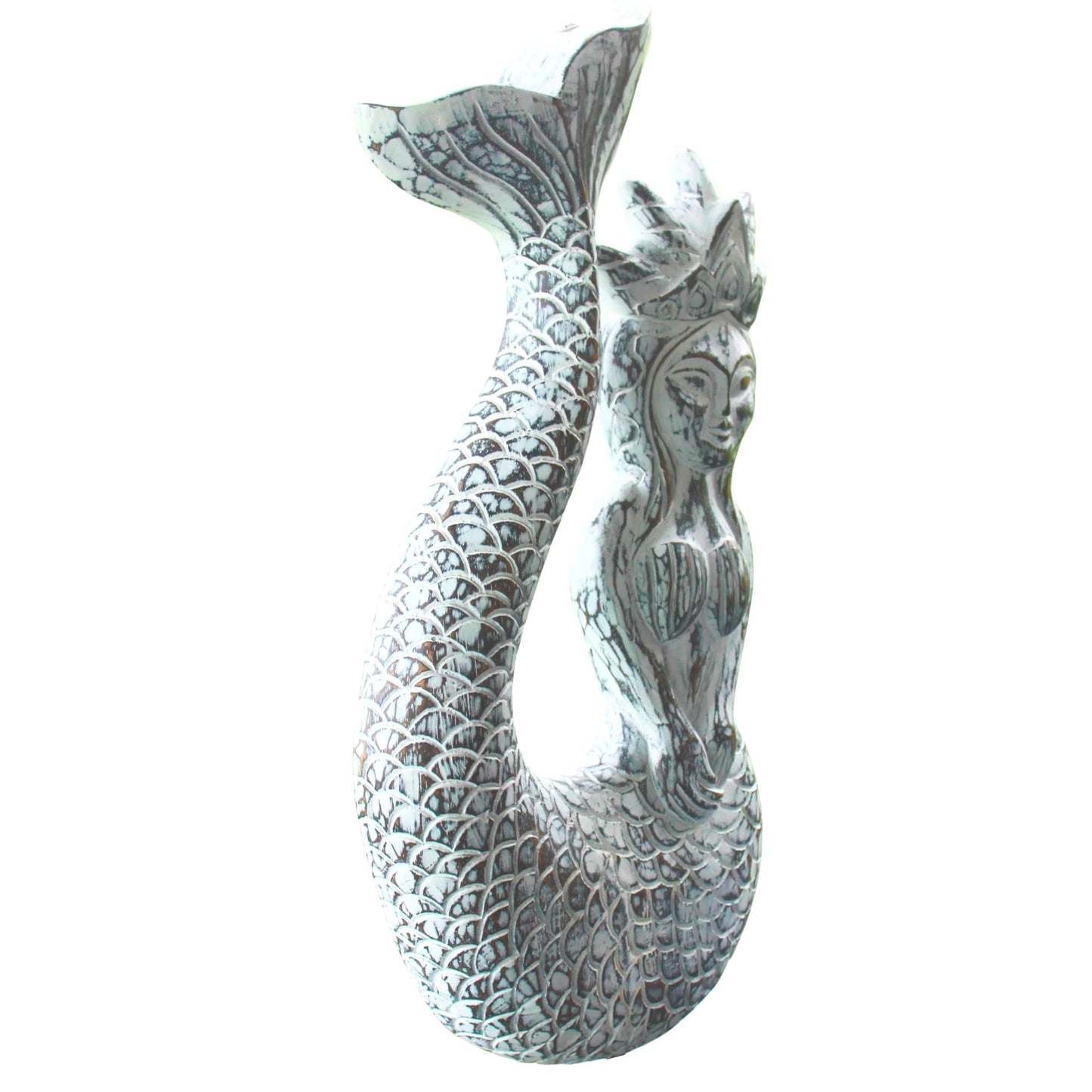 Hand Carved Whitewash Mermaid Princess Wall Art: Bali Folk Art Decor